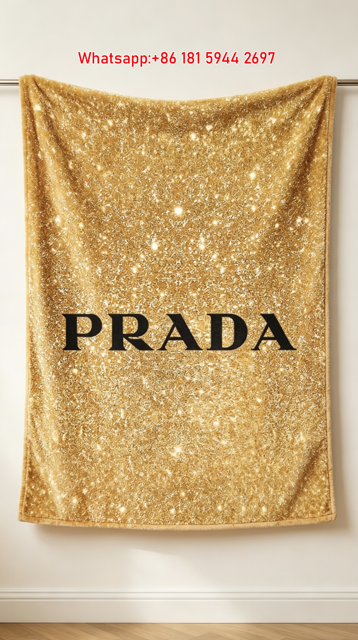 Prada Gold Glitter Logo Print Flannel Throw Blanket IMG_2786
